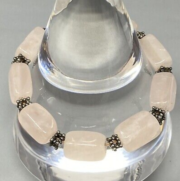 Vintage Chunky Rose Quartz Bracelet Pink Gemstone Rectangle Beads Stretch  7" - Picture 2 of 4